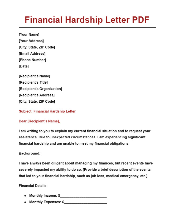Financial Hardship Letter Template Example Financial Hardship Letter Template Example