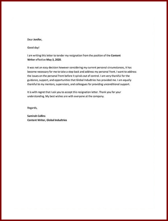 Formal Letter of Resignation Template Formal Letter of Resignation Template