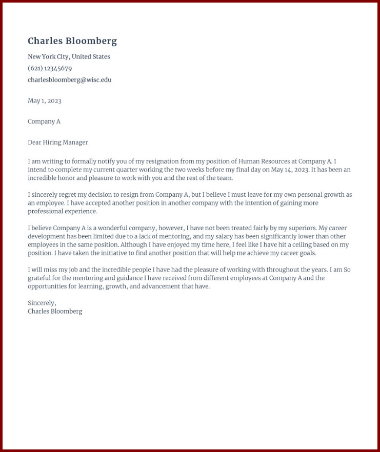 Formal Letter of Resignation Template Example Formal Letter of Resignation Template Example