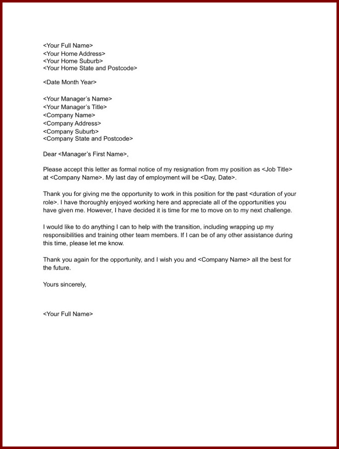 Formal Letter of Resignation Template Sample Formal Letter of Resignation Template Sample