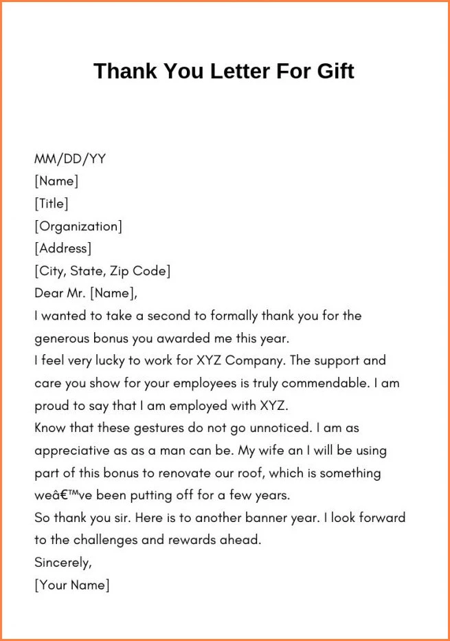 Gift Thank You Note Template Example