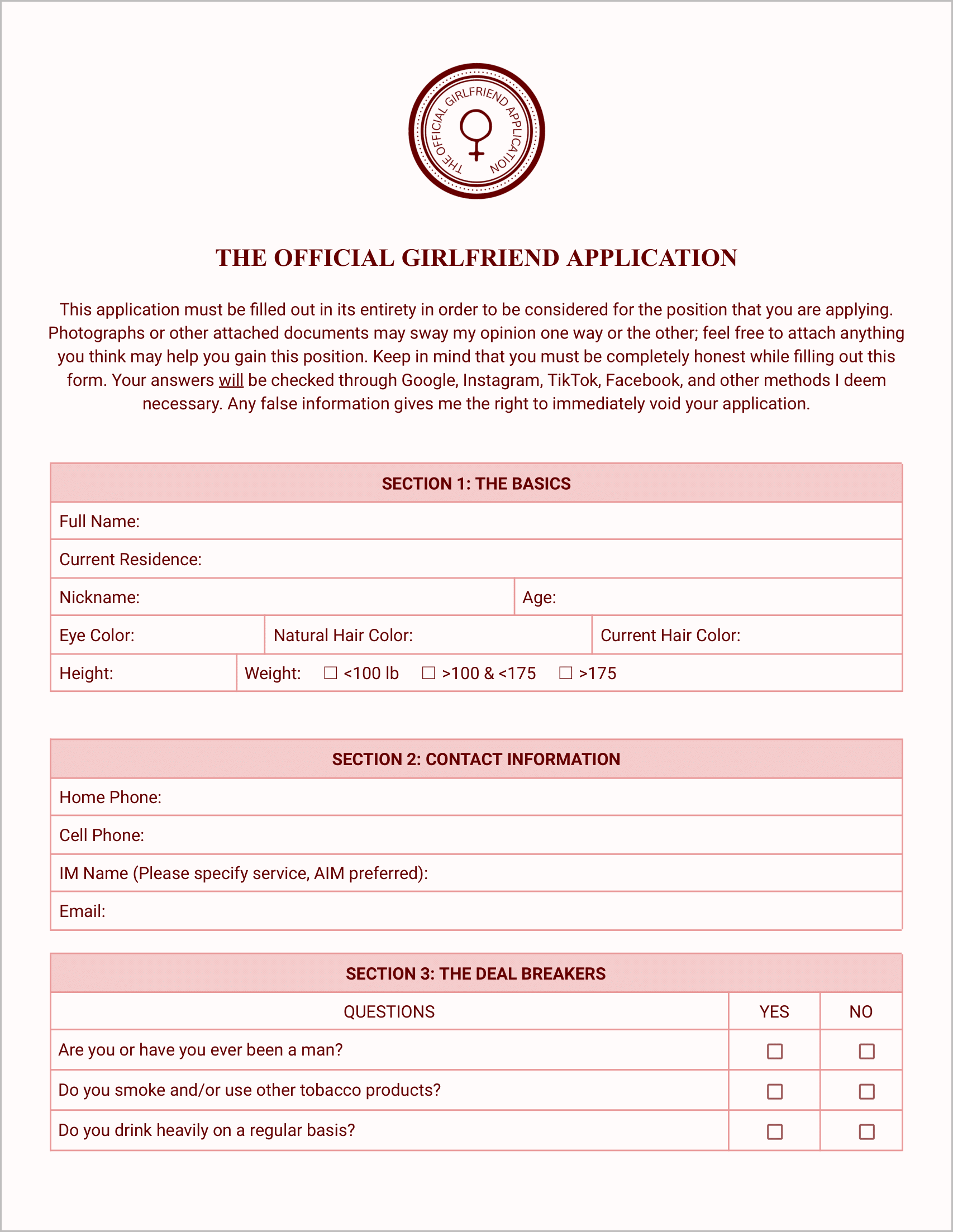 Girlfriend Application Form Example Girlfriend Application Form Example