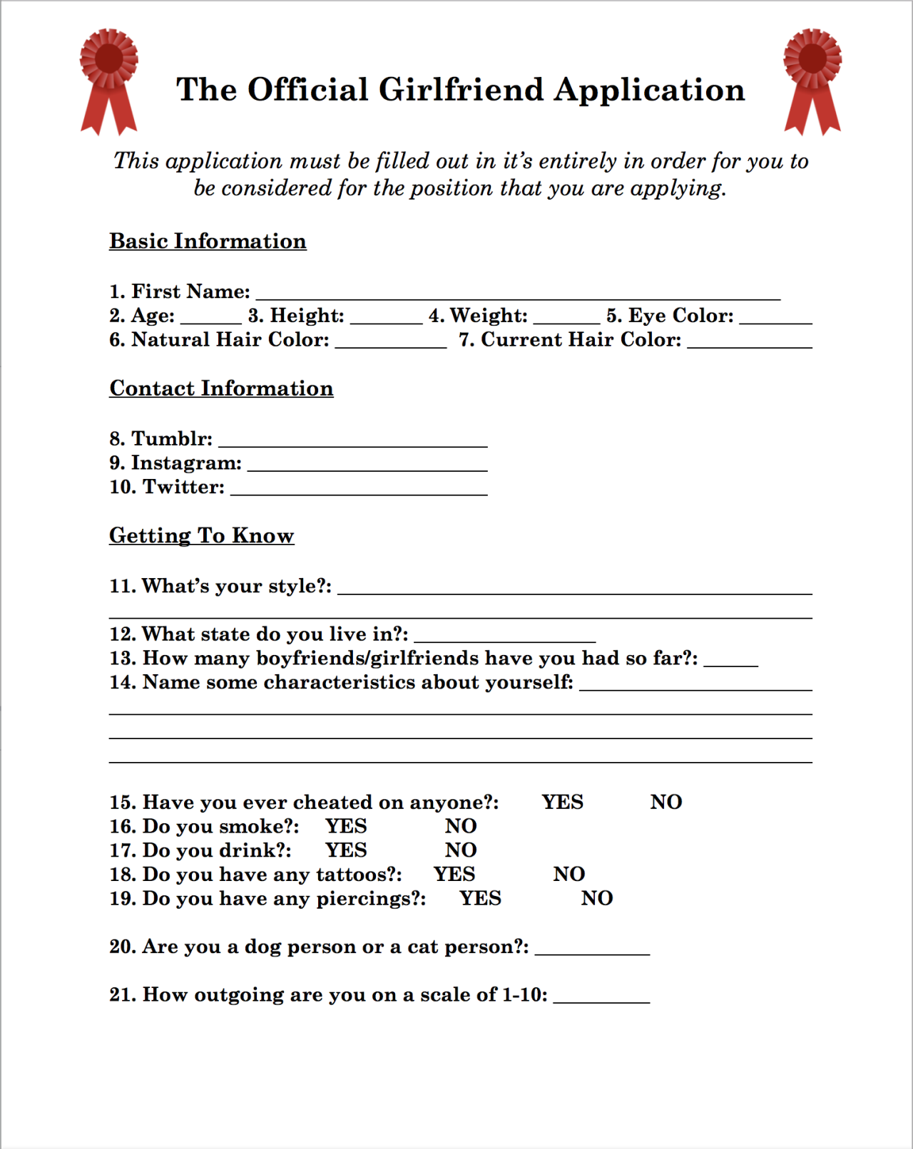 Girlfriend Application Form Girlfriend Application Form