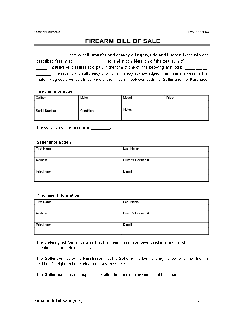 Gun Bill of Sale Sample Gun Bill of Sale Sample