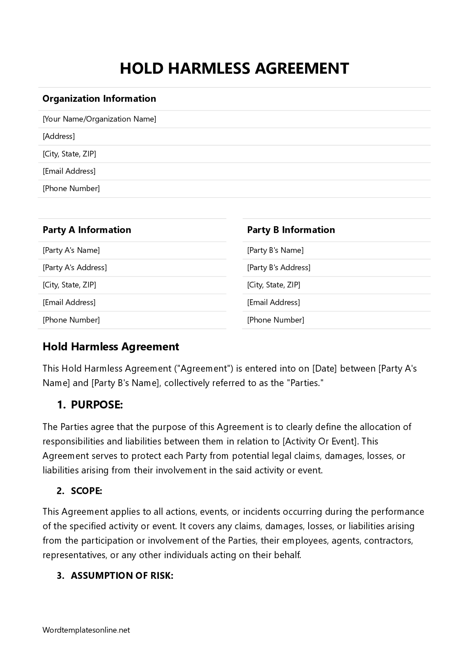 Hold Harmless Agreement Template