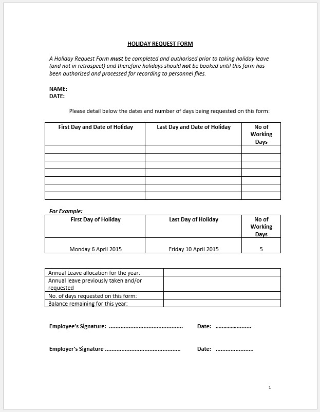 Free Printable Holiday Request Form Free Printable Holiday Request Form