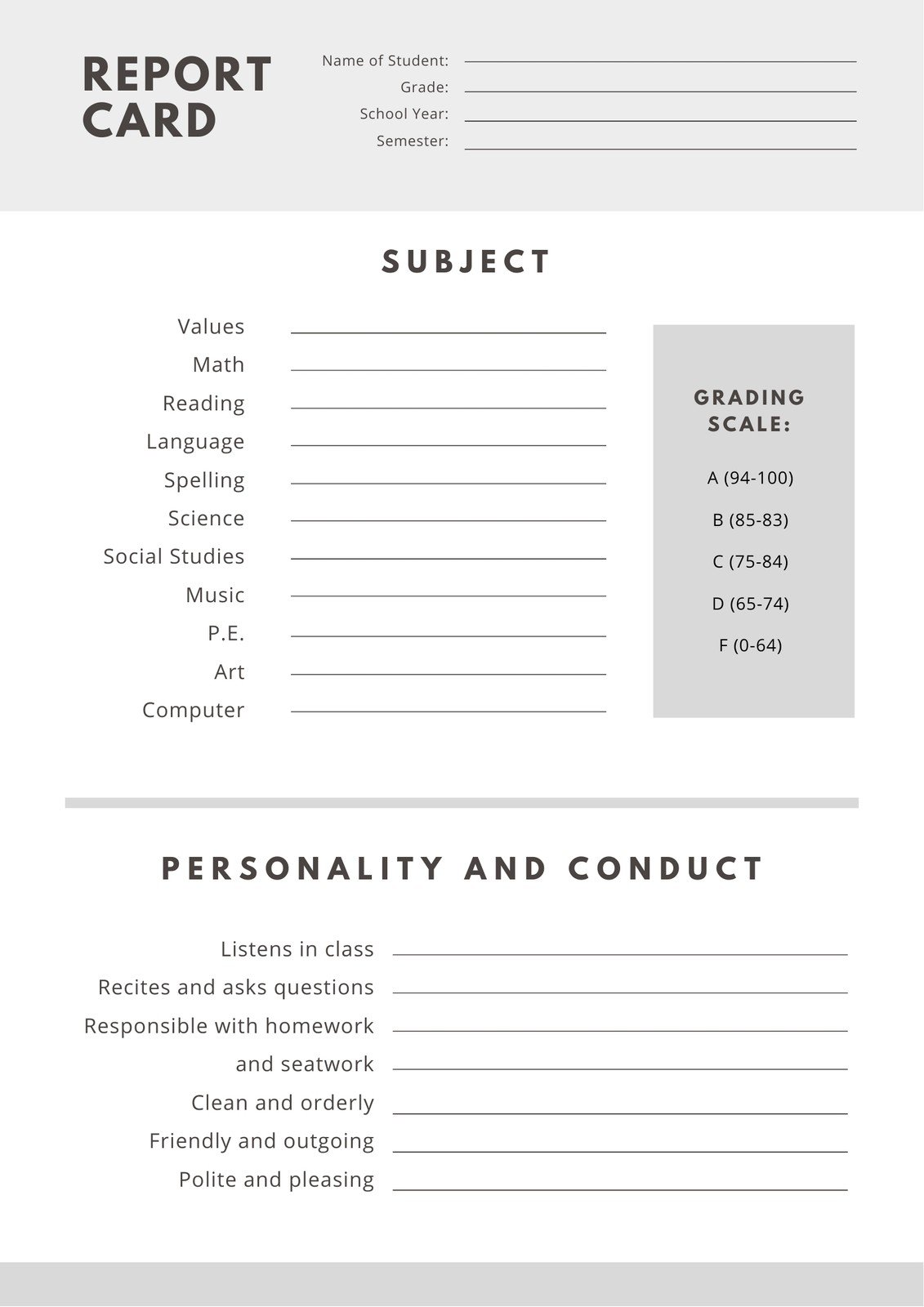 Homeschool Report Card Template