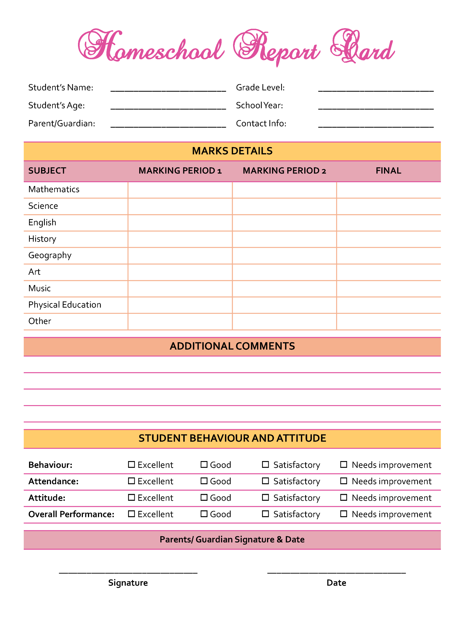 Homeschool Report Card Template