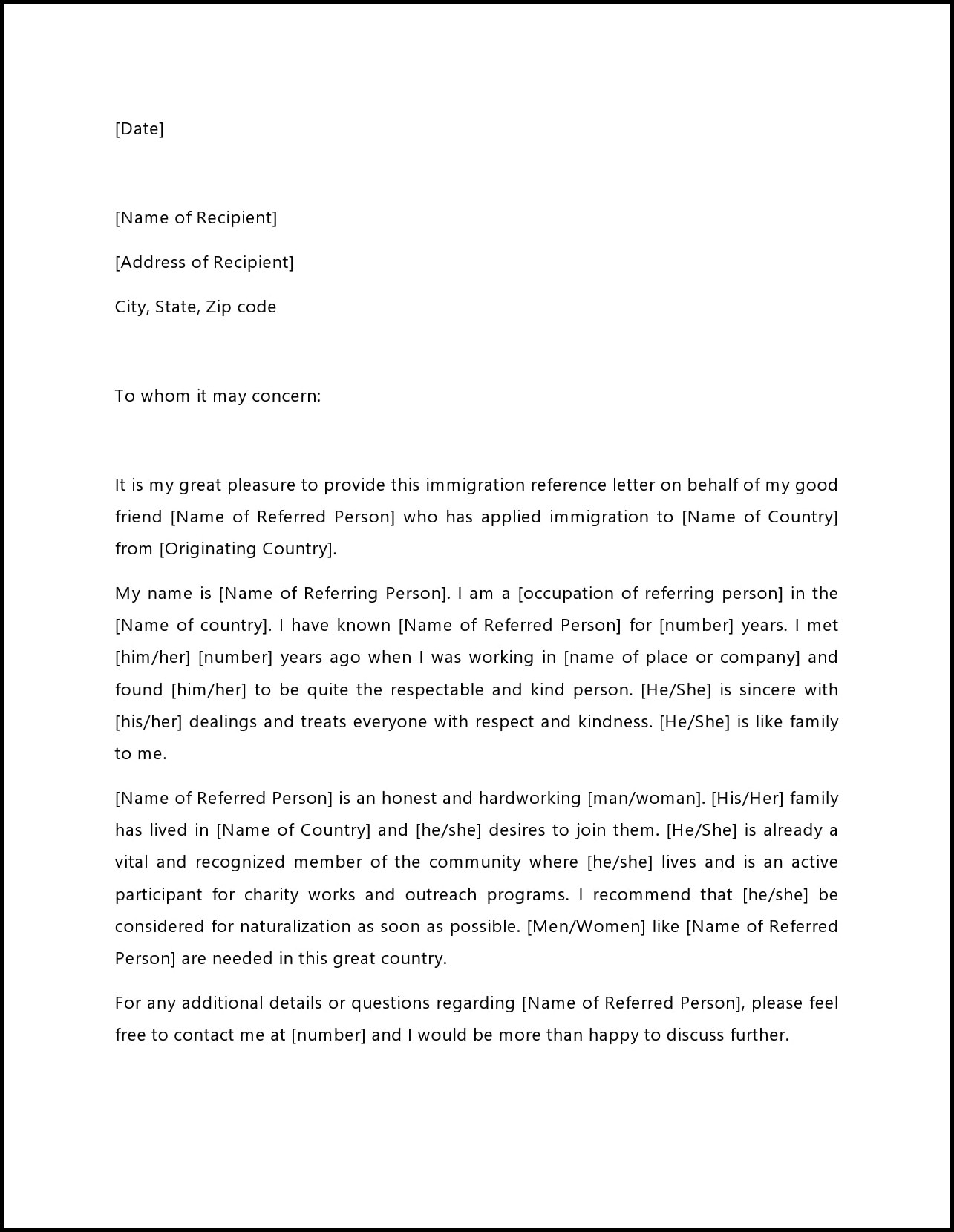 Immigration Reference Letter Template Example Immigration Reference Letter Template Example