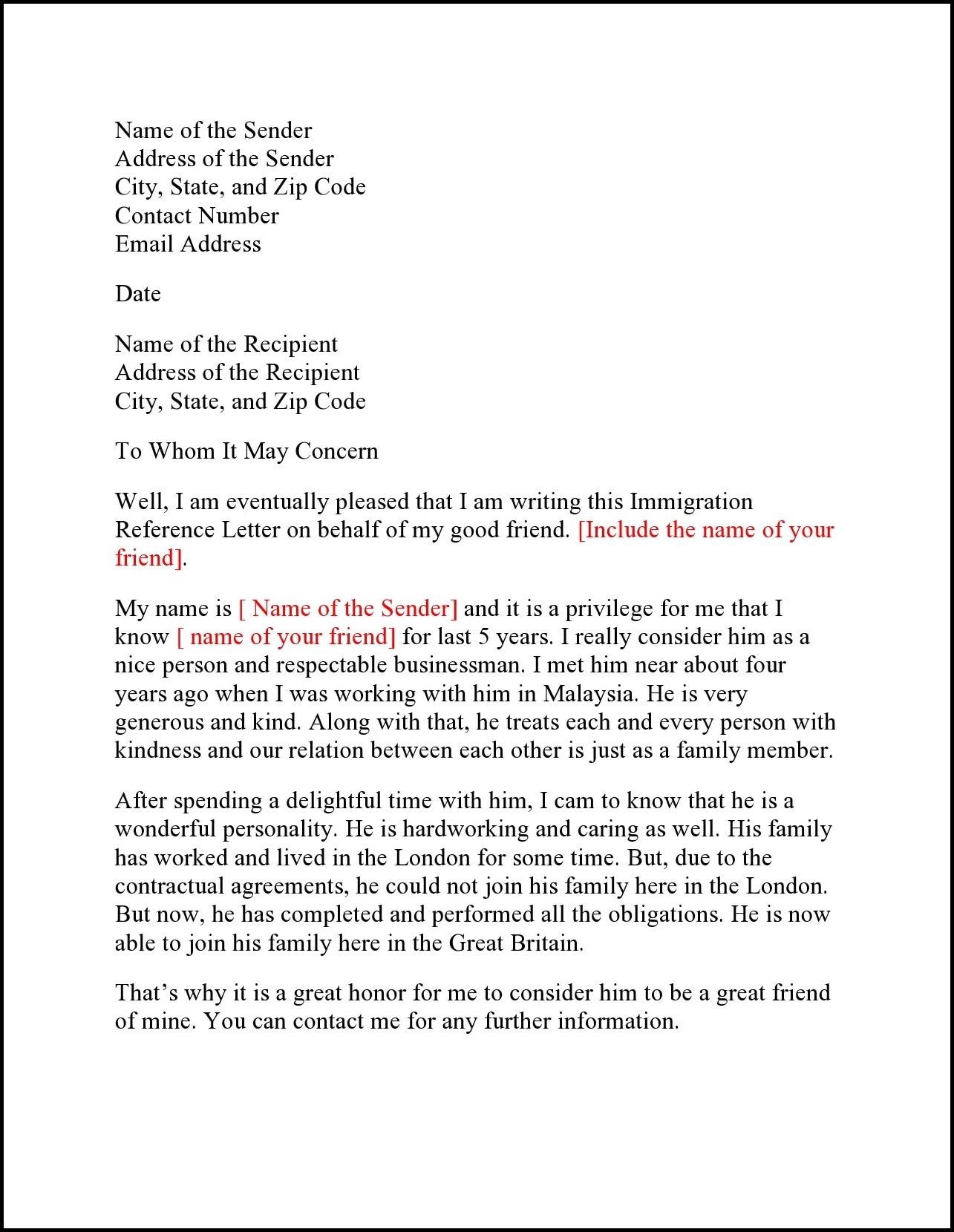 Immigration Reference Letter Template Immigration Reference Letter Template