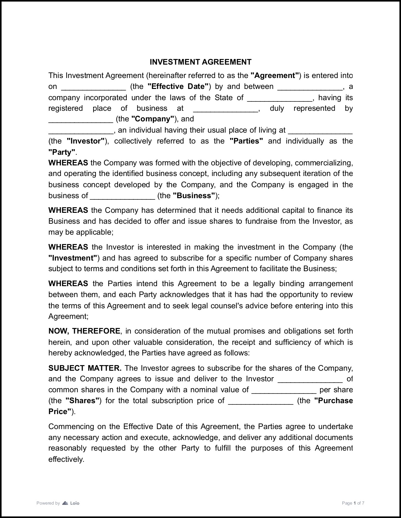 Investment Agreement Template Example Investment Agreement Template Example