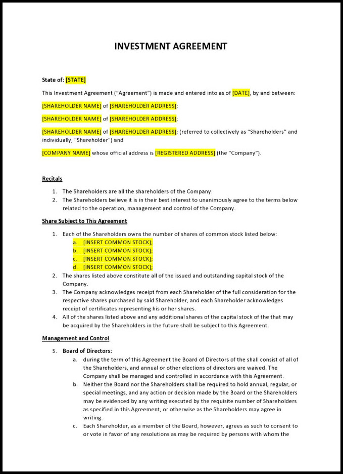 Investment Agreement Template Sample Investment Agreement Template Sample