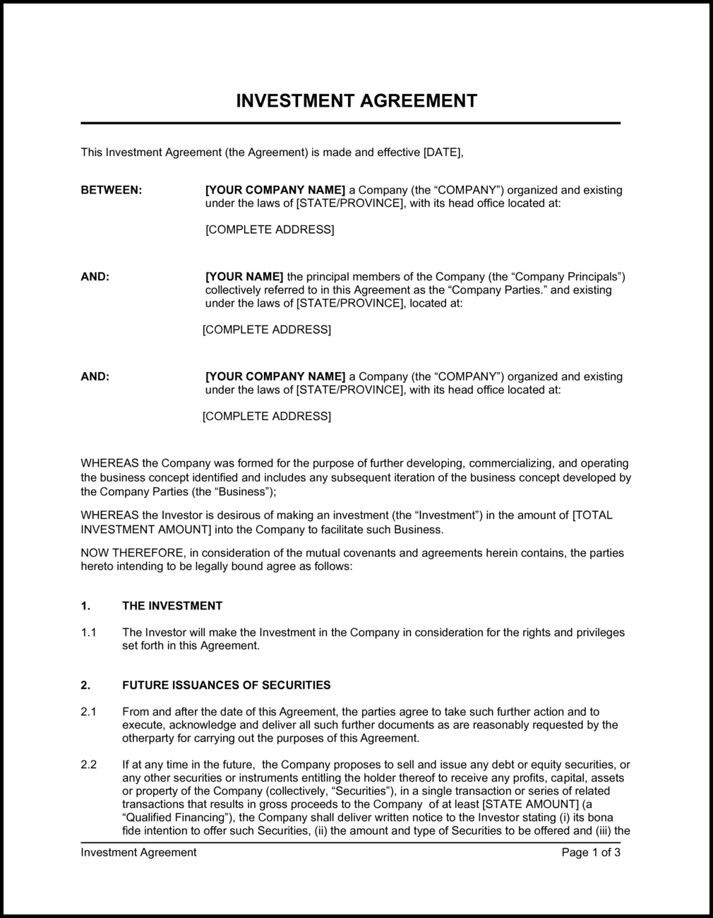 Investment Agreement Template Investment Agreement Template
