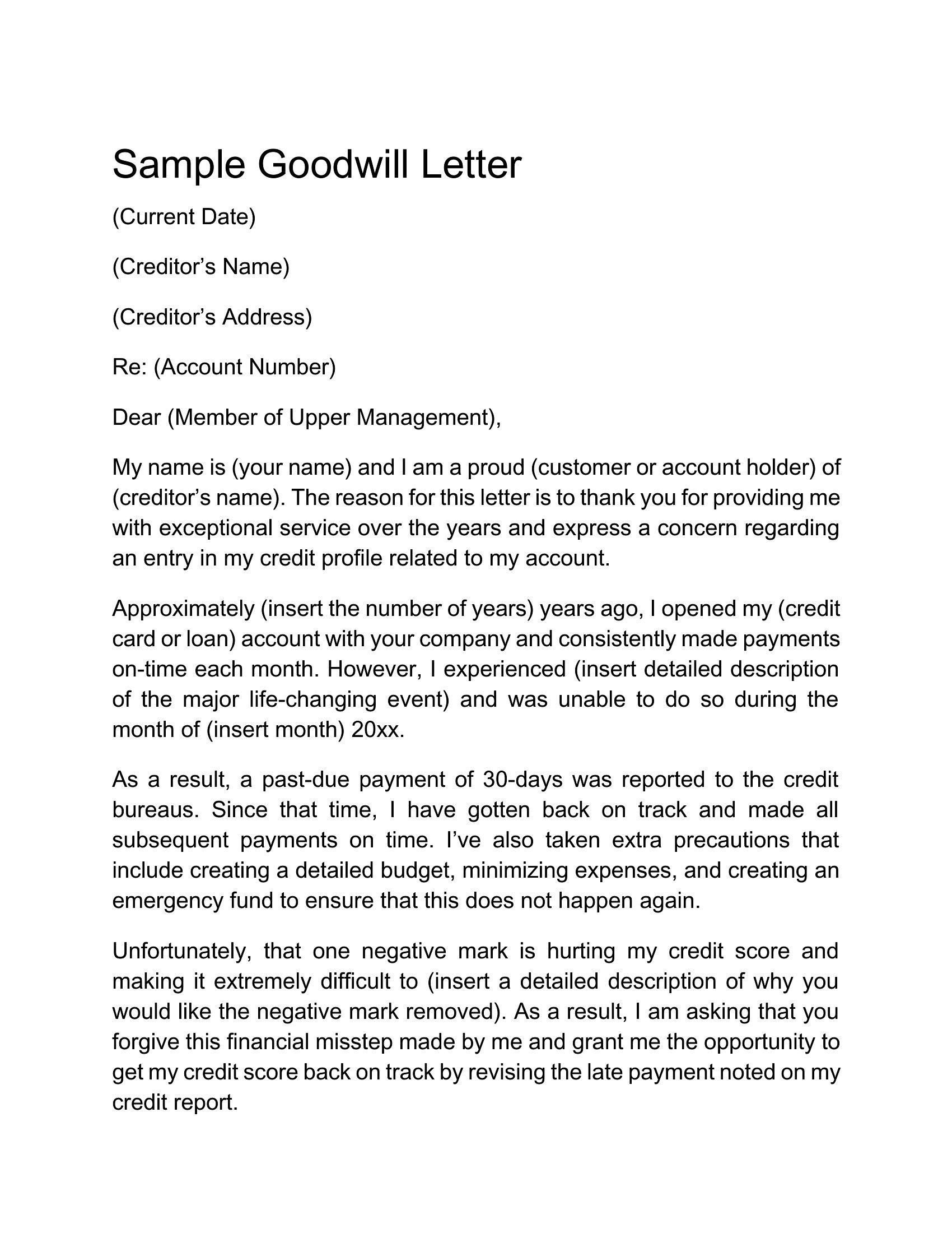 Letter of Goodwill Example Letter of Goodwill Example