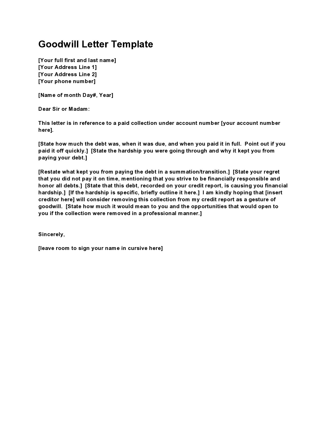 Letter of Goodwill Sample Letter of Goodwill Sample