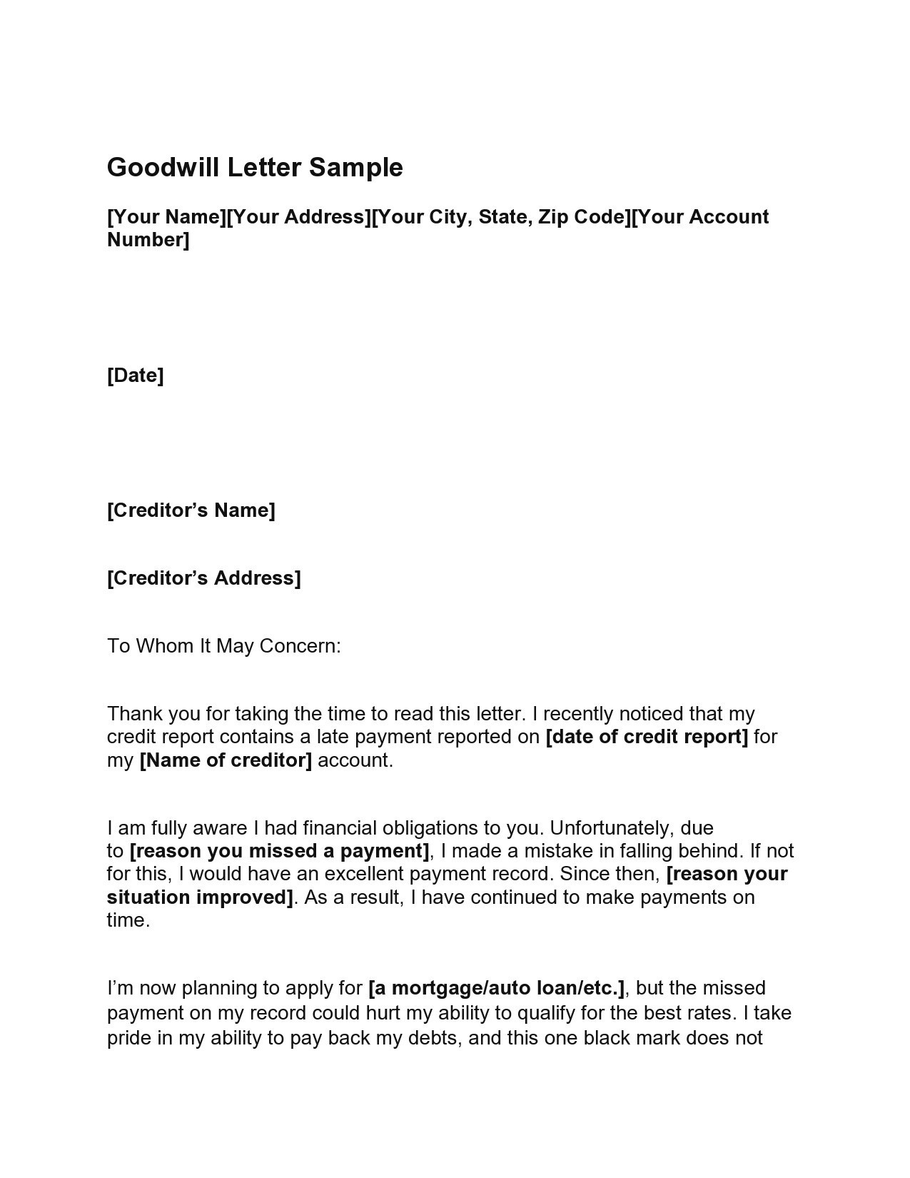 Letter of Goodwill Template Letter of Goodwill Template