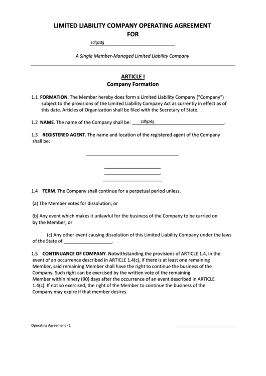 Limited Liability Operating Agreement Example Limited Liability Operating Agreement Example
