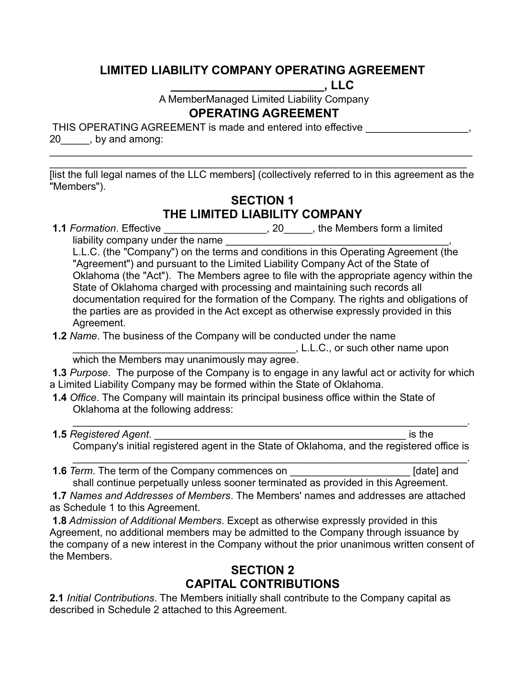 Limited Liability Operating Agreement Template Limited Liability Operating Agreement Template