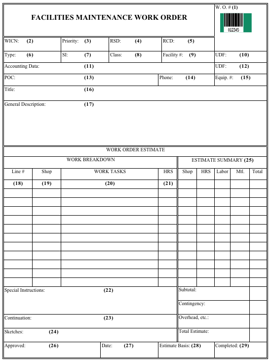 Maintenance Work Order Form