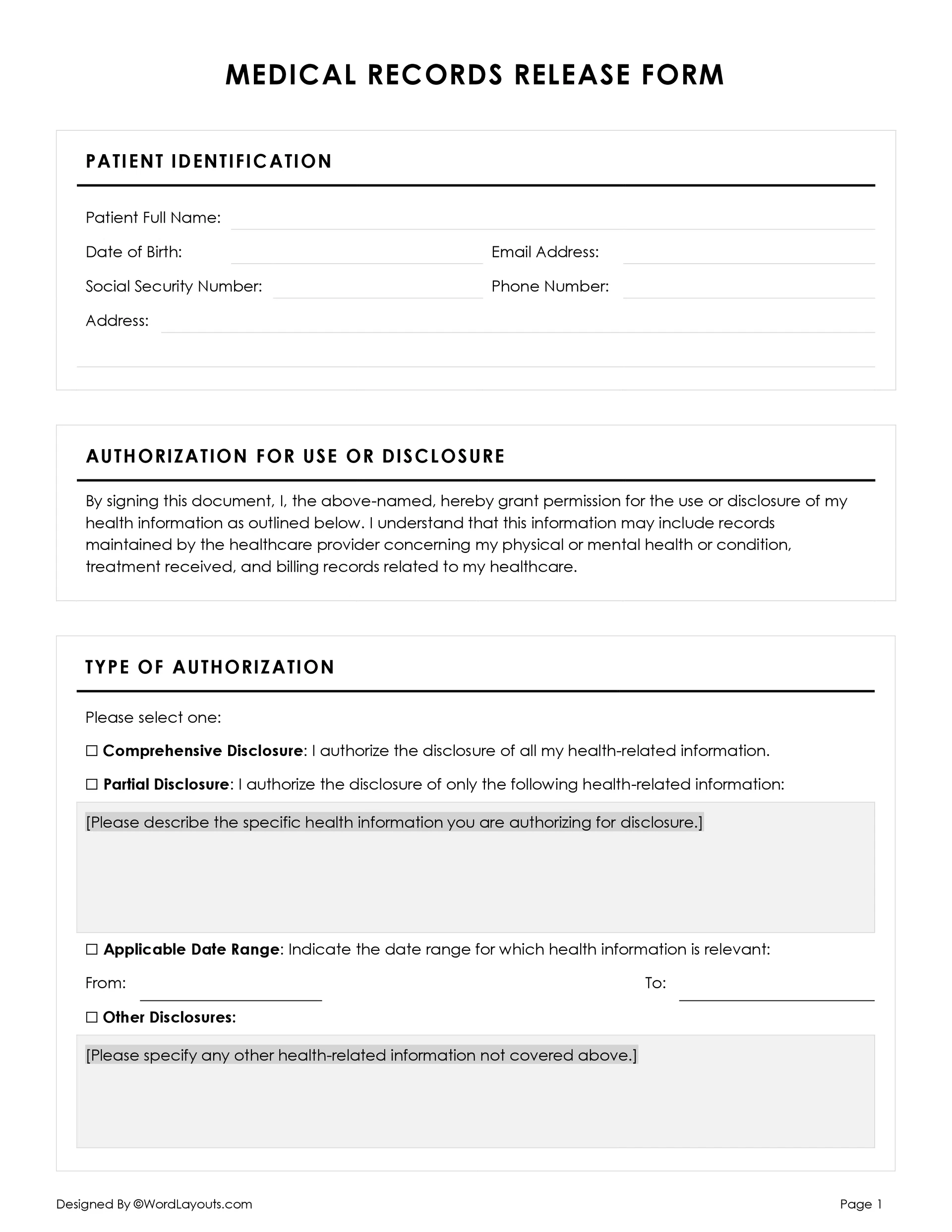 Medical Records Release Form Medical Records Release Form