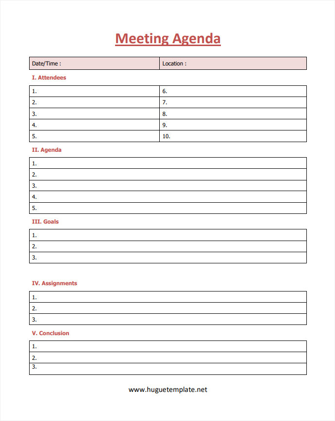 Meeting Agenda Template Sample Printable Blank Meeting Agenda Template in Word and PDF Format.