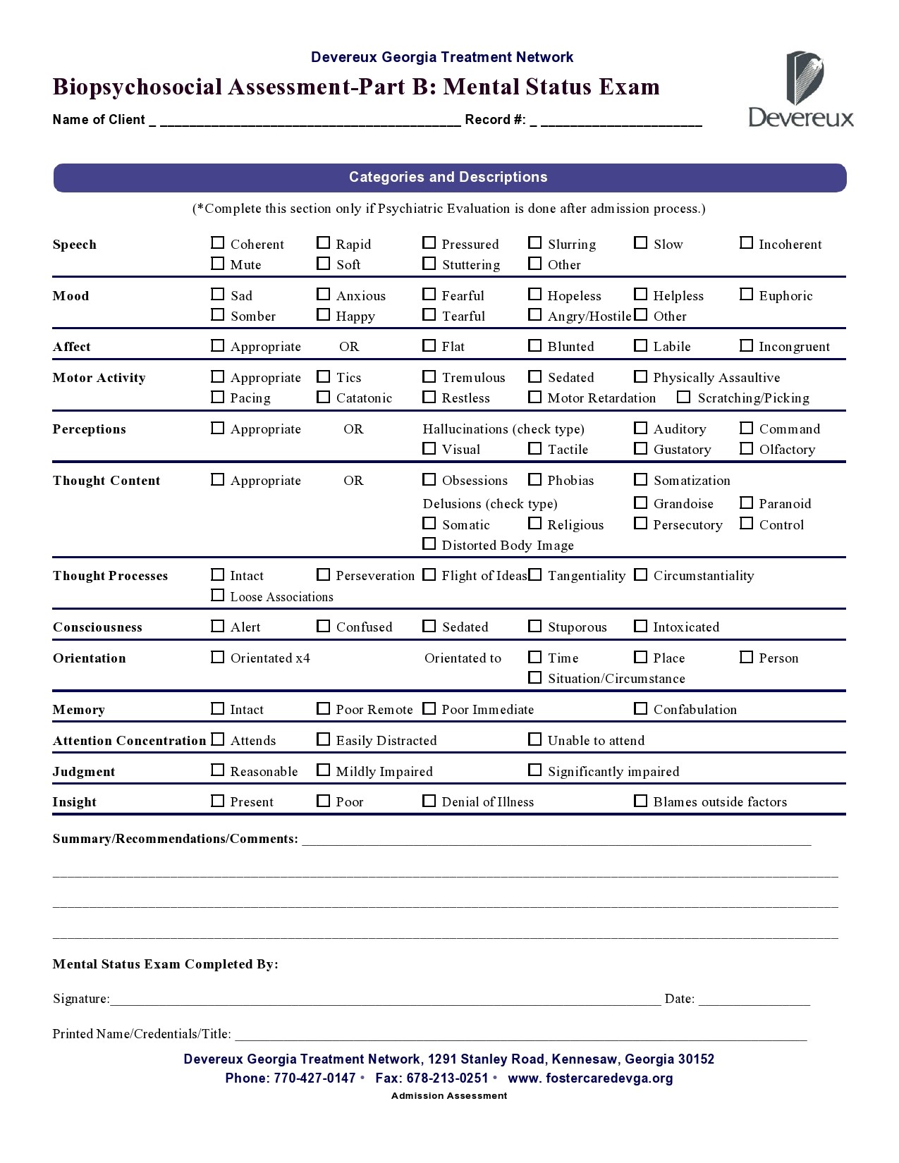 Mental Status Exam Form Mental Status Exam Form