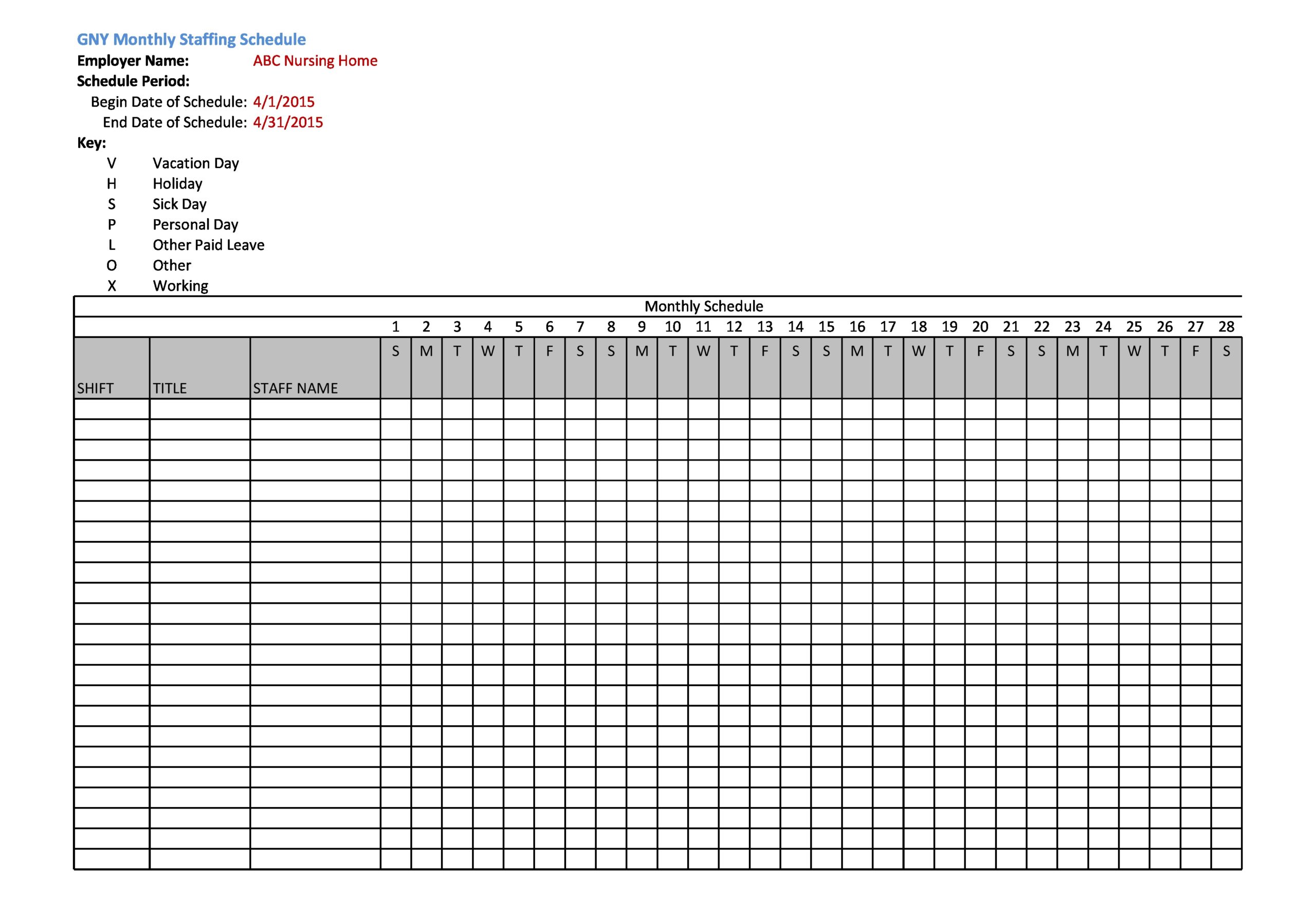 Monthly Employee Schedule Template Example