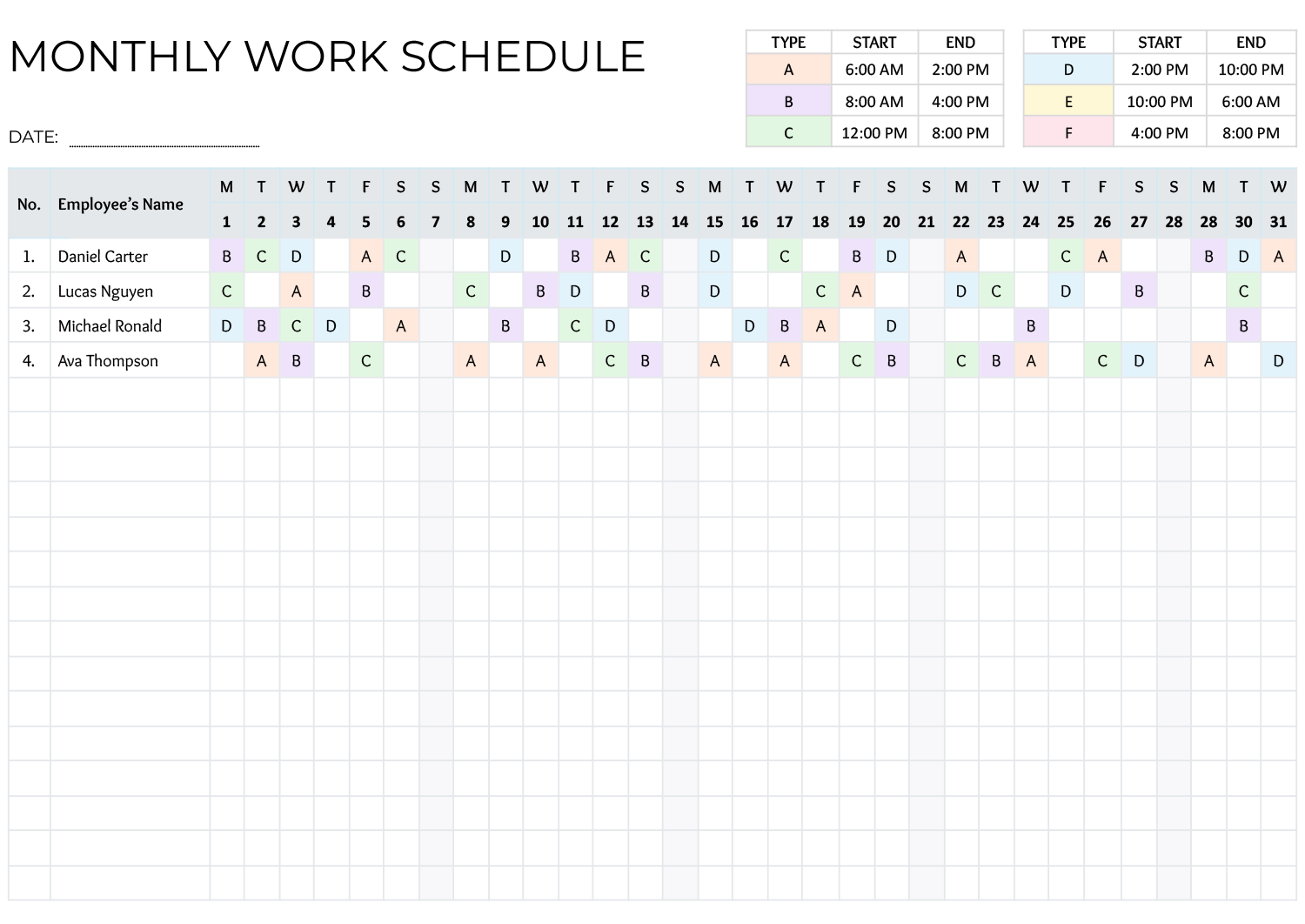 Monthly Work Schedule Template Example