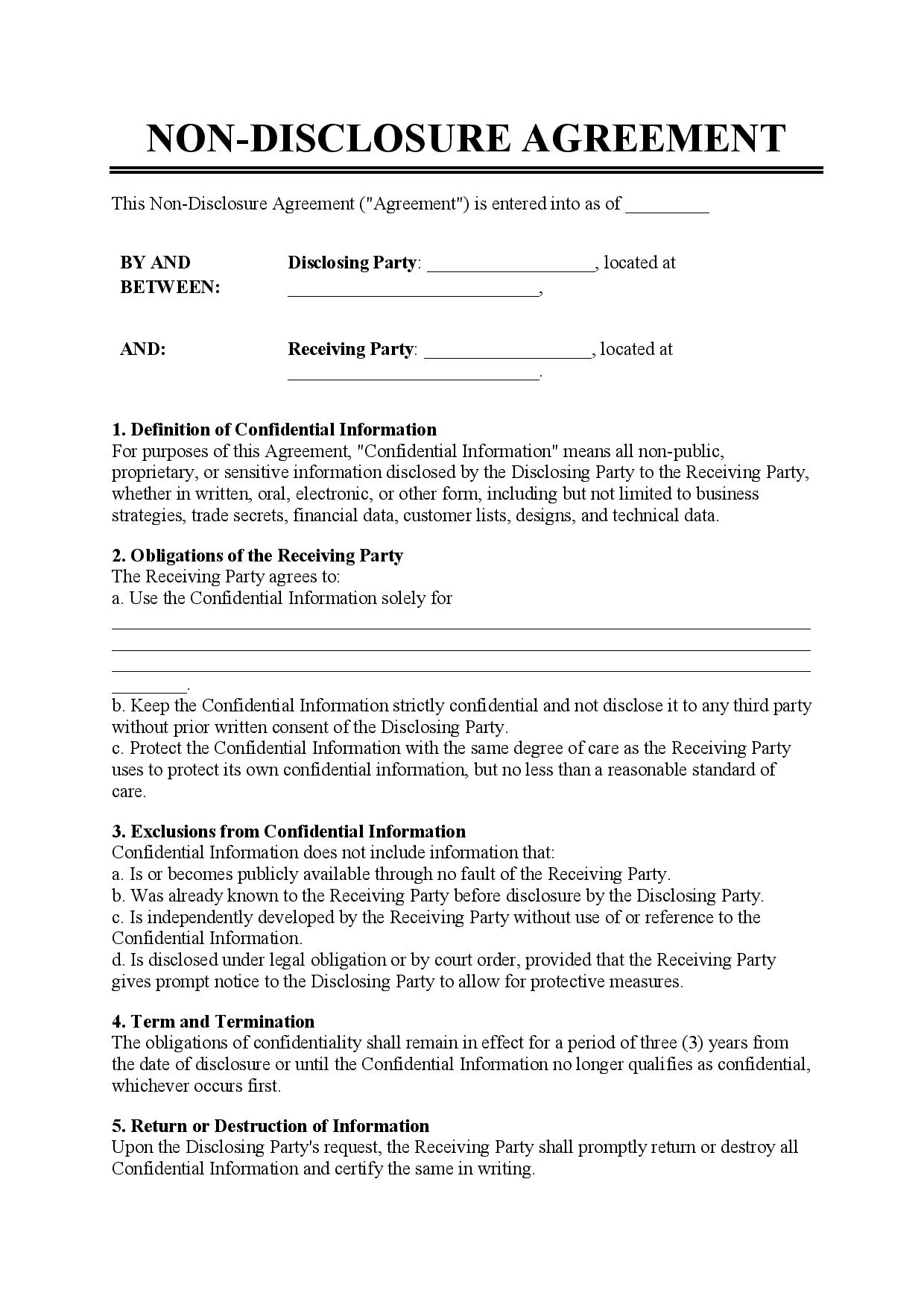 Non Disclosure Agreement Template Example Non Disclosure Agreement Template Example