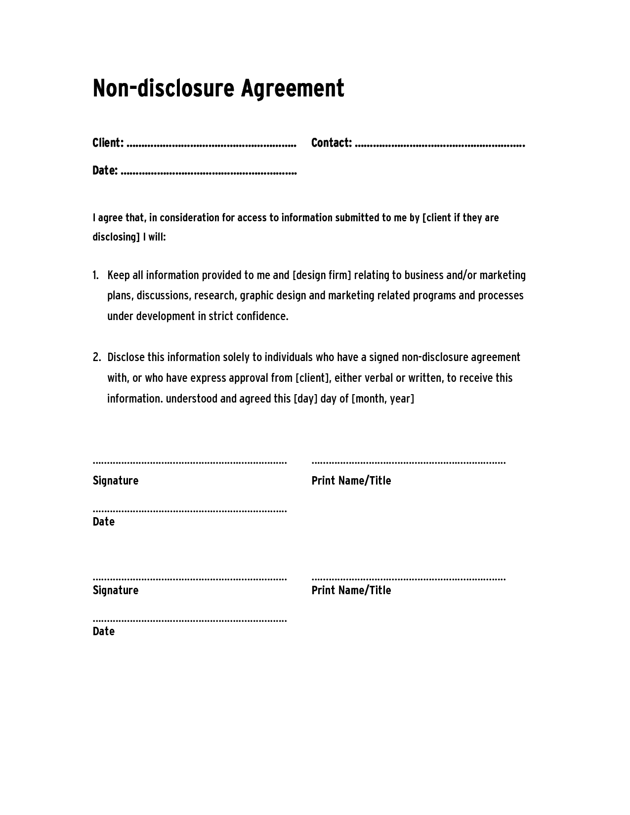 Non Disclosure Agreement Template Sample Non Disclosure Agreement Template Sample