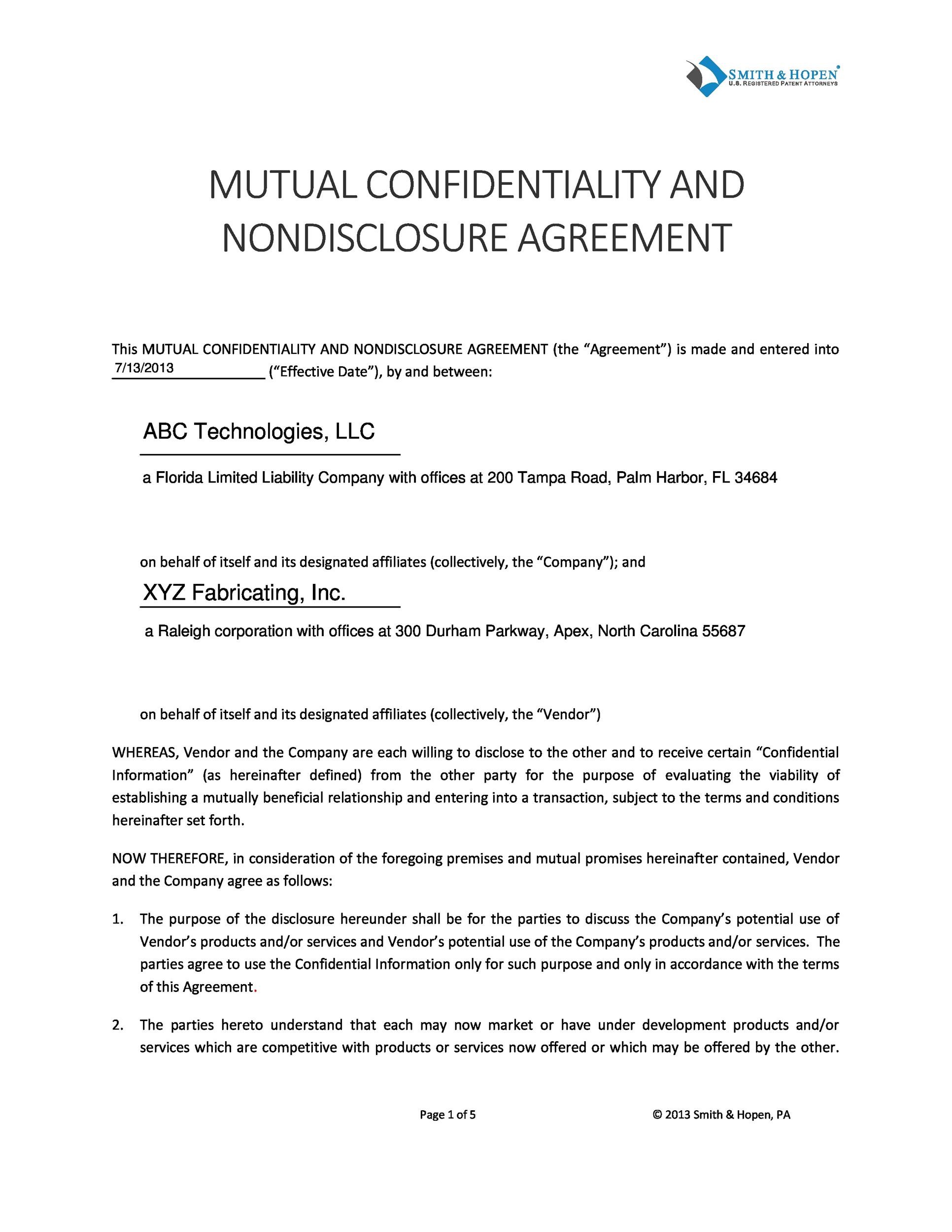 Non Disclosure Agreement Template Non Disclosure Agreement Template
