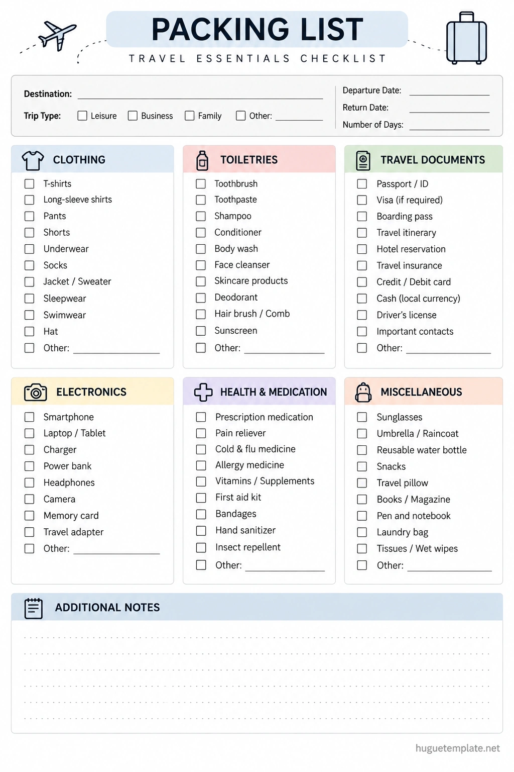 Packing List Template Printable Packing List Template With Travel Checklists for Clothing, Toiletries, Documents, Electronics, and Health Essentials