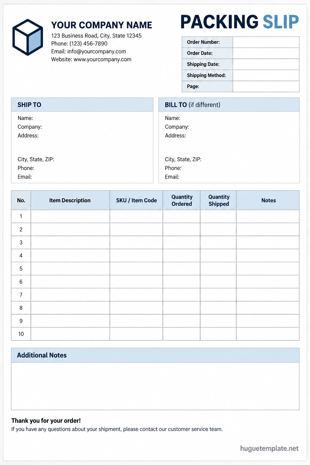 Packing Slip Template Printable packing slip template with seller and recipient details, order number, shipping date, item descriptions, SKU fields, quantities ordered, quantities shipped, and a notes section