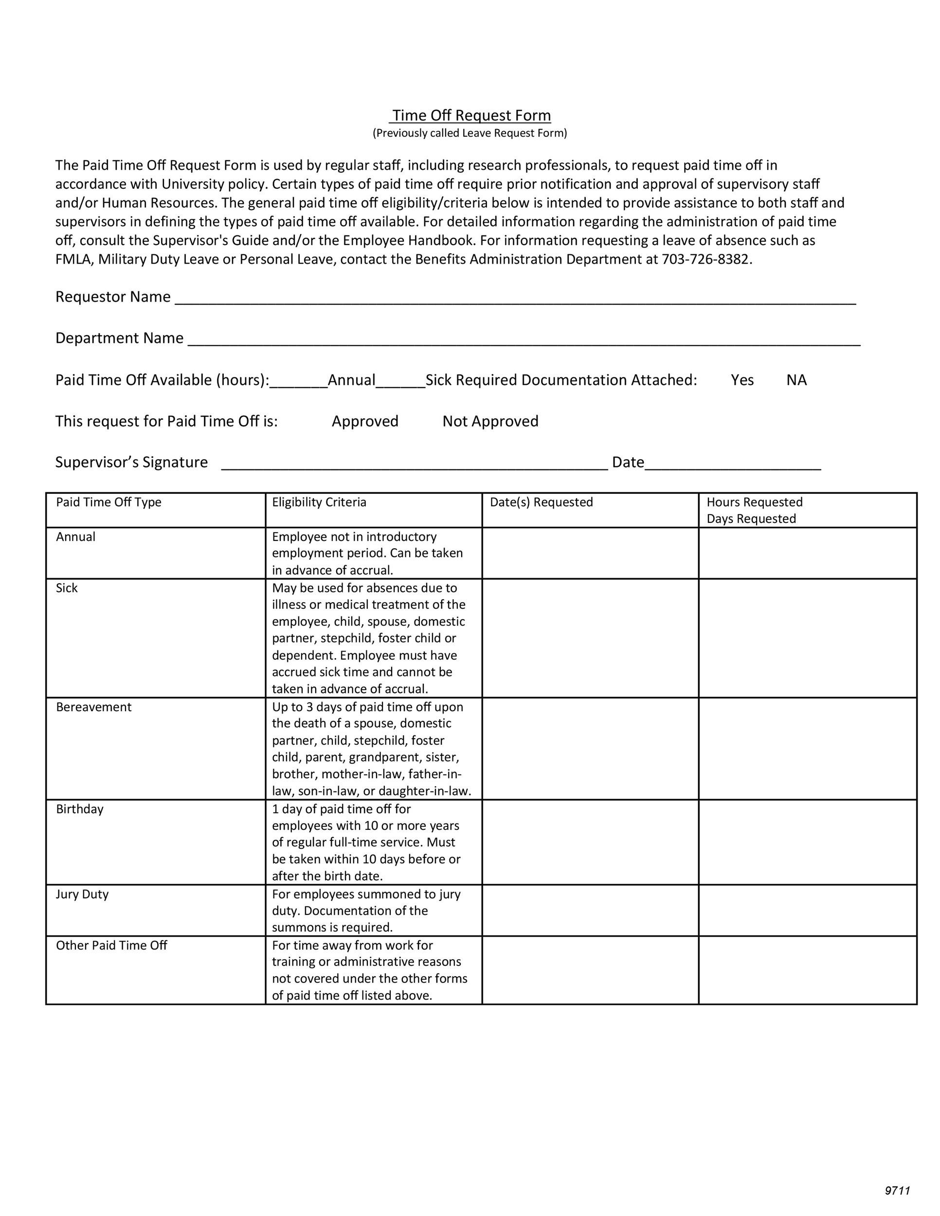 Paid Time Off Request Form