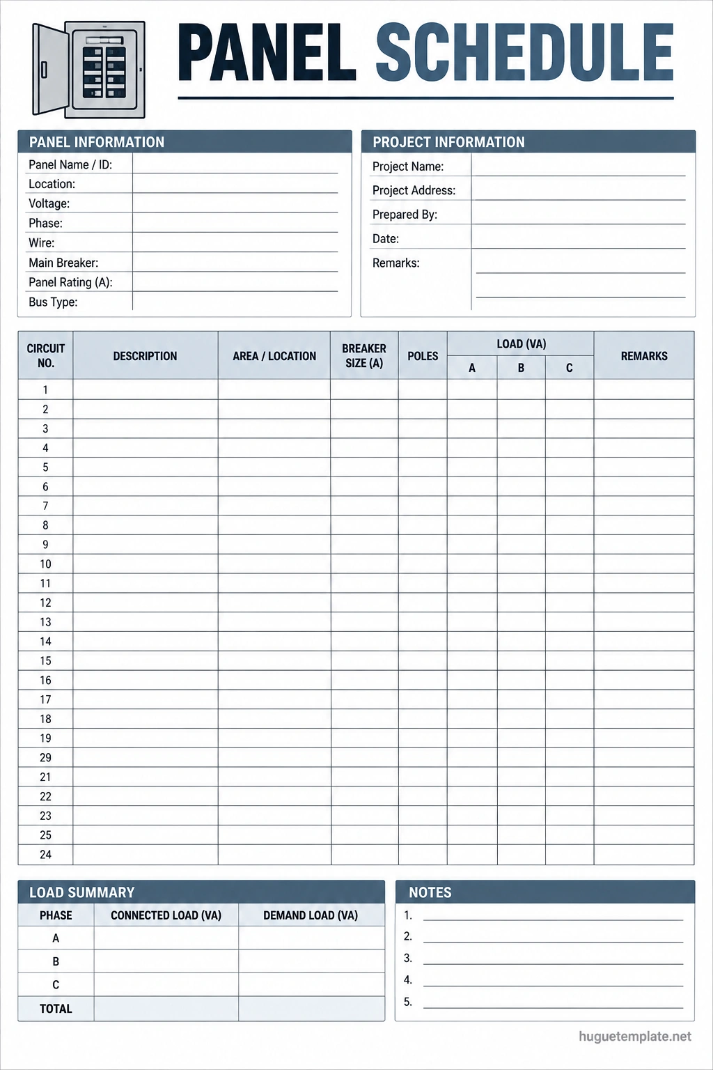 Panel Schedule Template Printable electrical panel schedule template with panel information, circuit numbers, descriptions, breaker sizes, load columns, and load summary