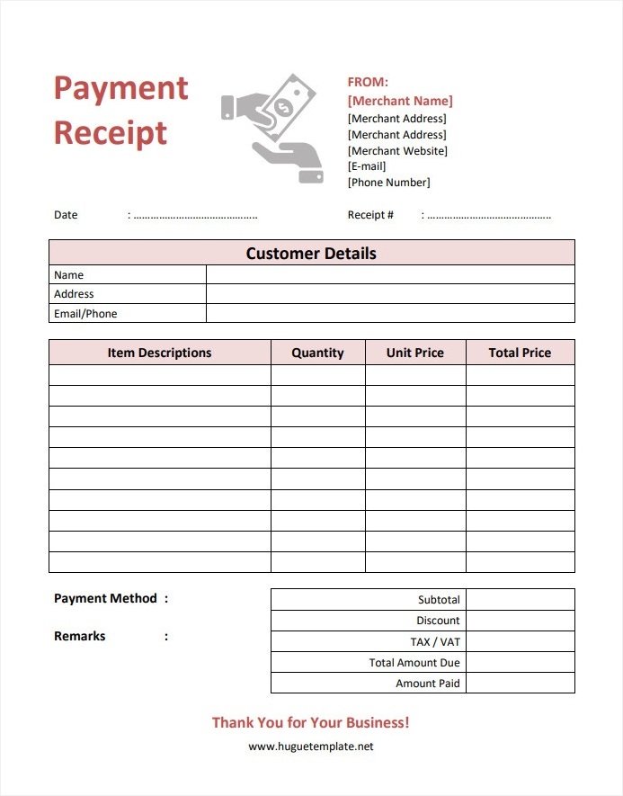 Payment Receipt Template Sample Printable Blank Payment Receipt Template in Word and PDF Format.
