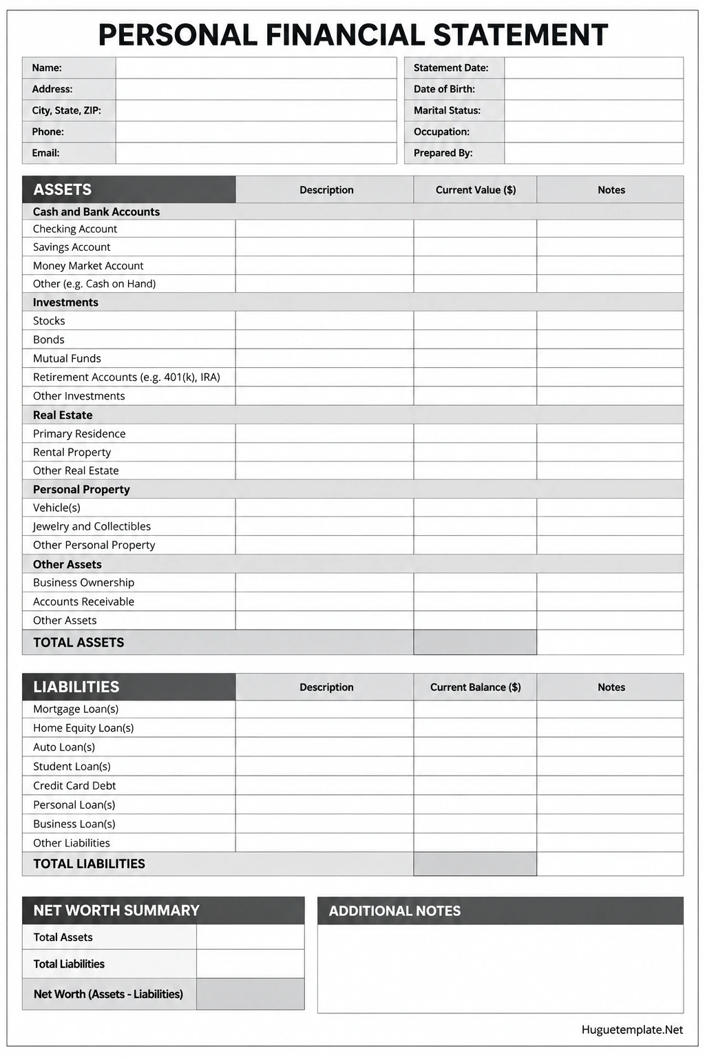 Personal Financial Statement Template Printable personal financial statement template with sections for cash, investments, real estate, personal property, liabilities, total assets, total liabilities, and net worth.