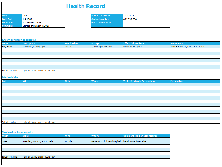 Personal Medical Health Record Sheet Template Example Personal Medical Health Record Sheet Template Example