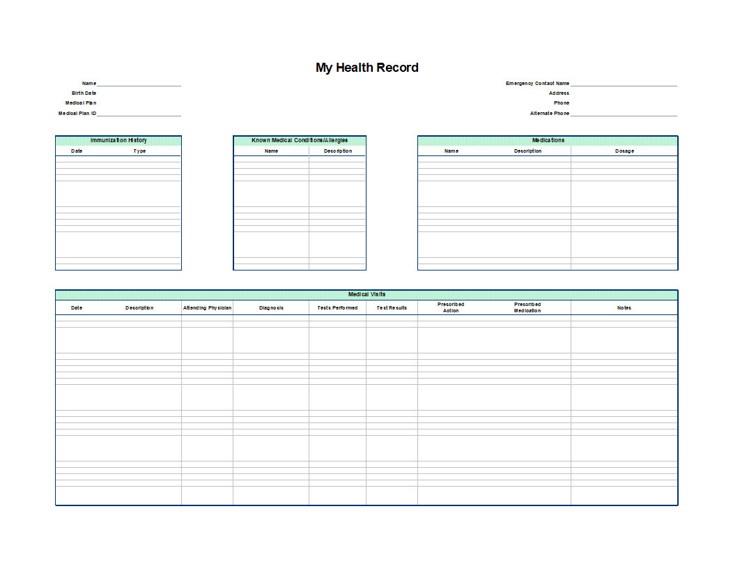 Personal Medical Health Record Sheet Template Personal Medical Health Record Sheet Template
