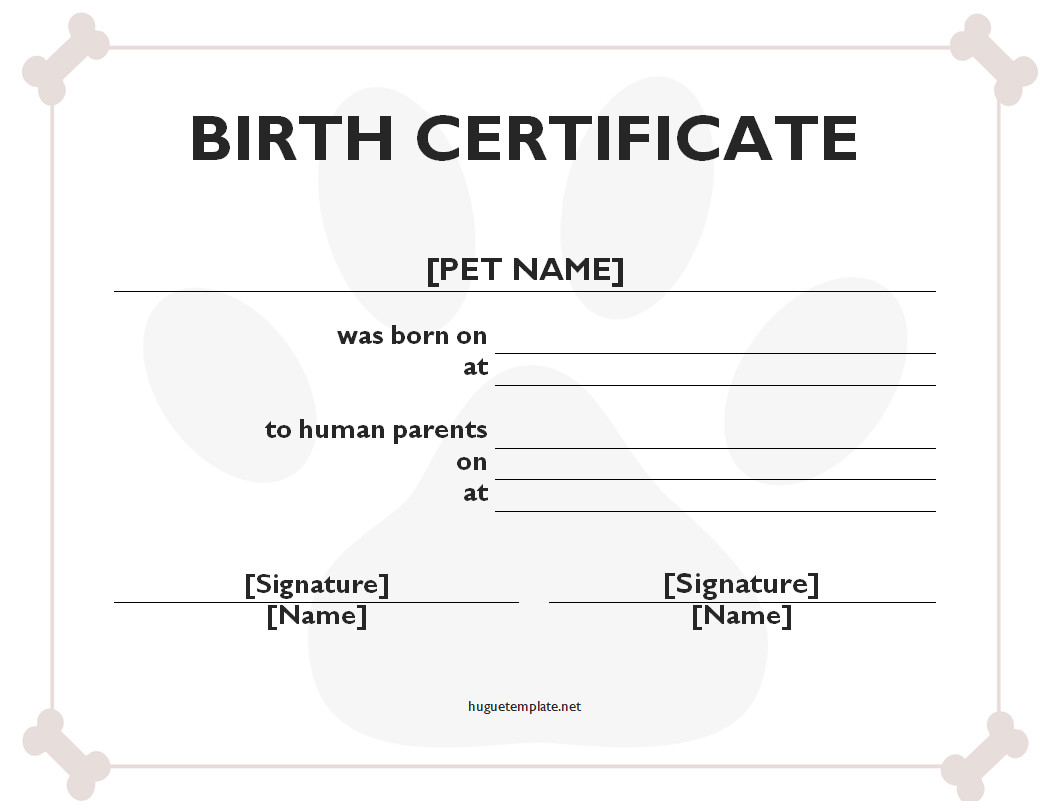 Pet Birth Certificate Template Pet birth certificate template with spaces for pet's name, birthdate, and owner details