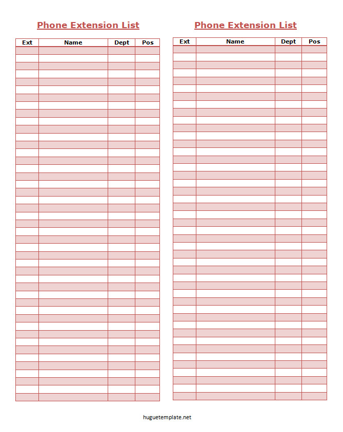 Free Printable Phone Extension List Template