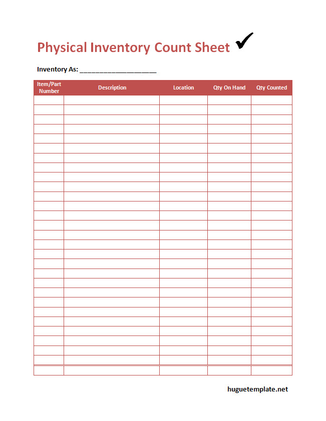 Physical Inventory Count Sheet Template Physical inventory count sheet template with sections for item descriptions, quantities, and locations.