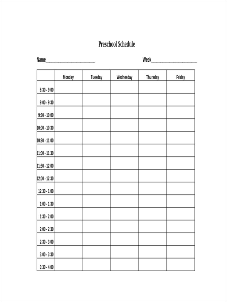 Free printable preschool schedule template