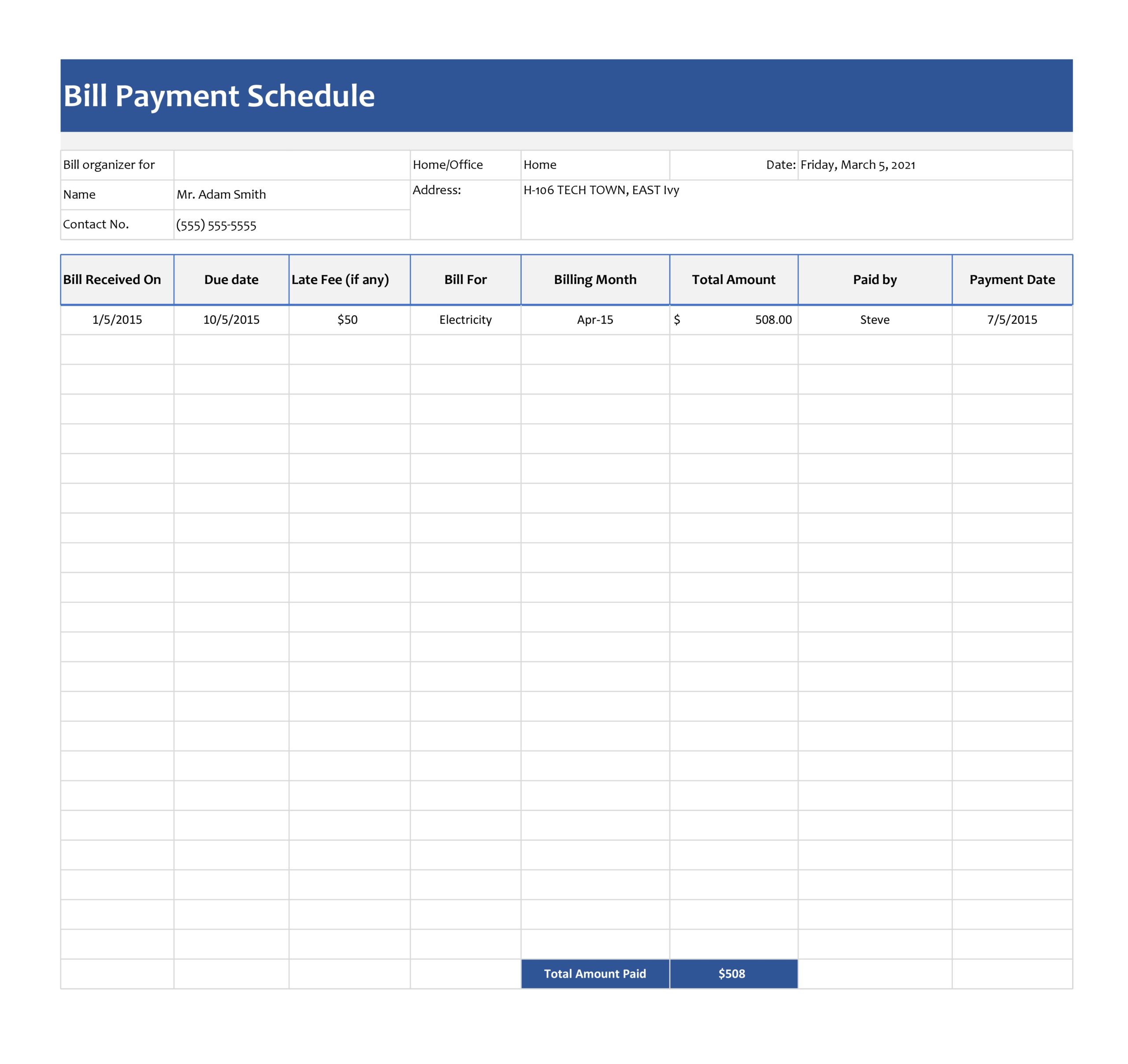 Printable Bills Payment Schedule Template Sample