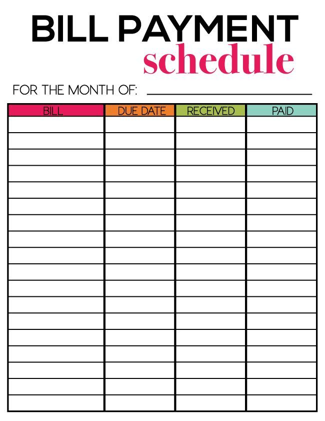 Printable Bills Payment Schedule Template