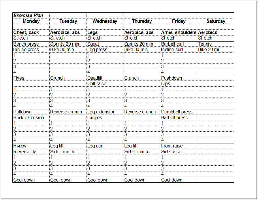 Printable Fitness Schedule Template Example