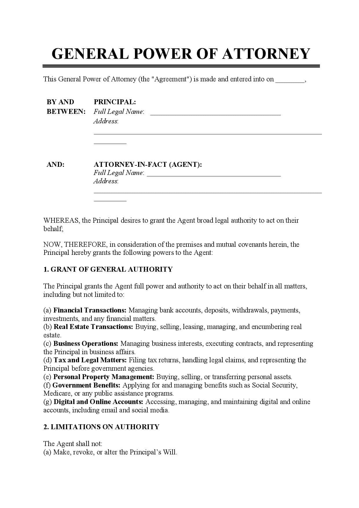 Printable General Power of Attorney Template Printable General Power of Attorney Template