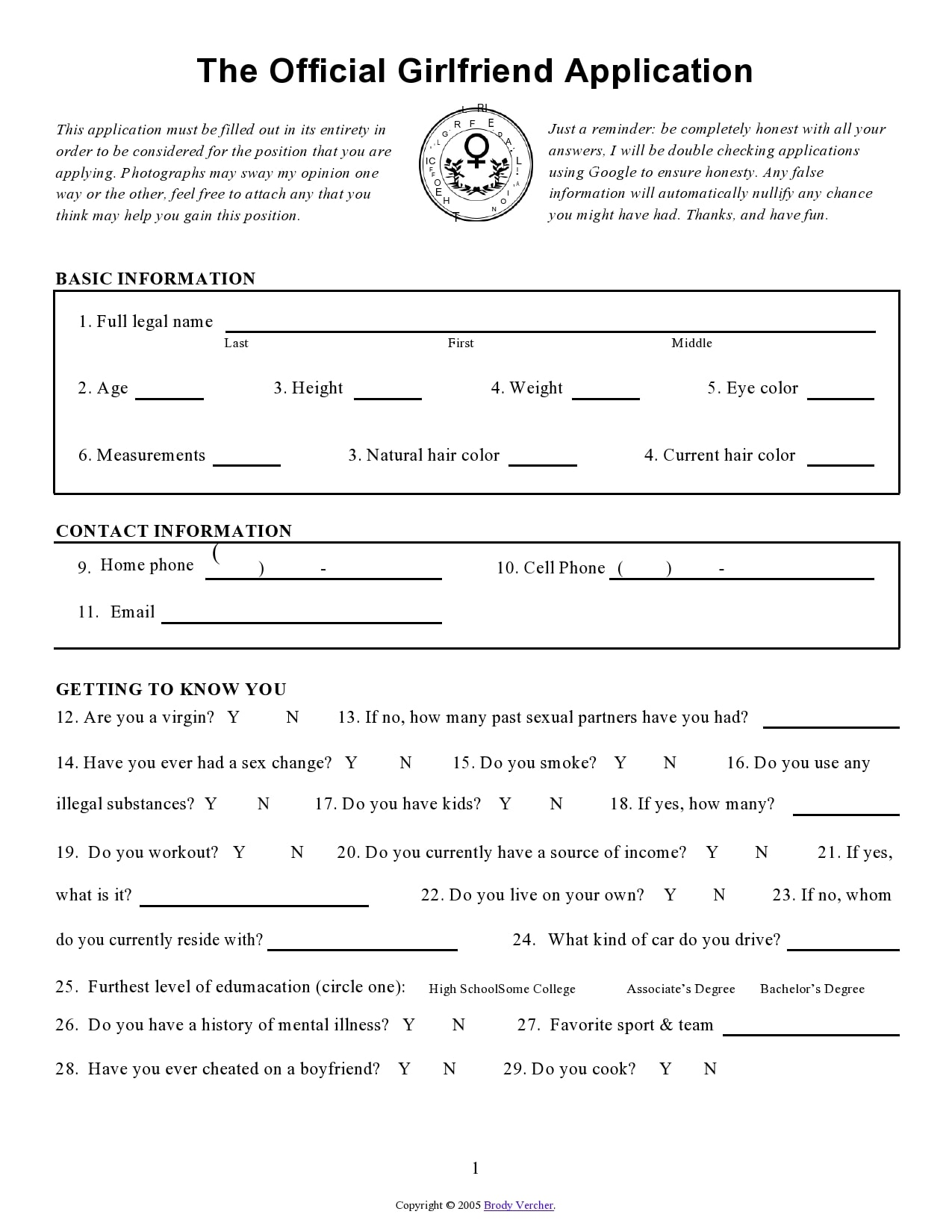 Printable Girlfriend Application Form Printable Girlfriend Application Form
