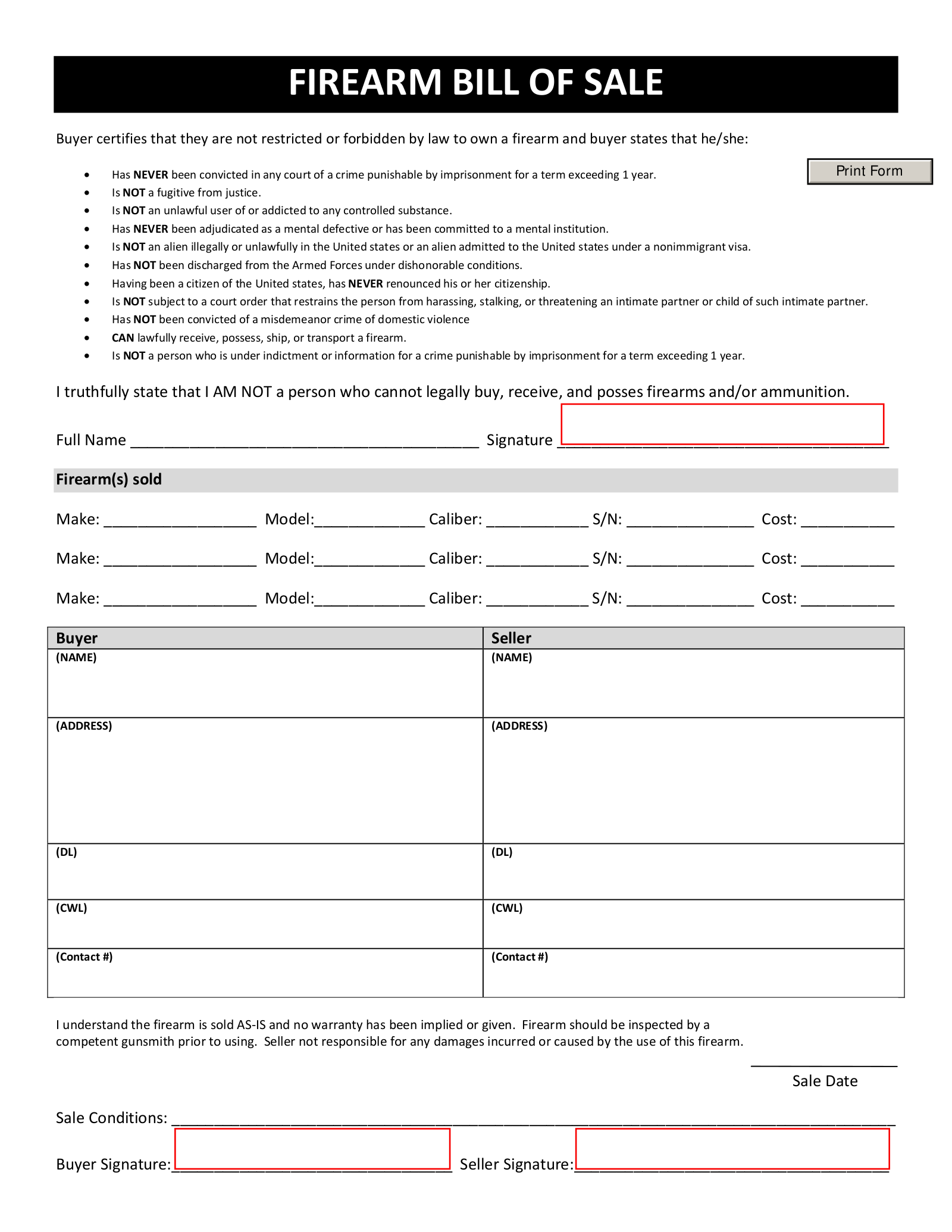 Printable Gun Bill of Sale Printable Gun Bill of Sale