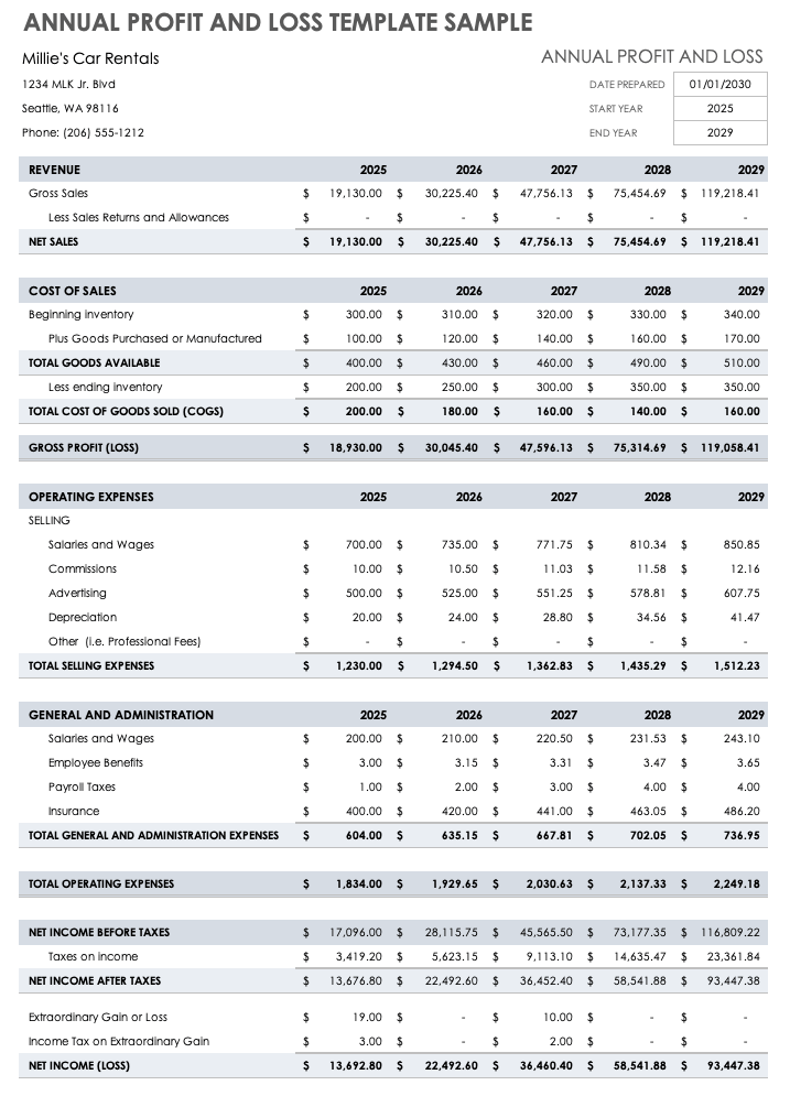 Profit And Loss Account Template